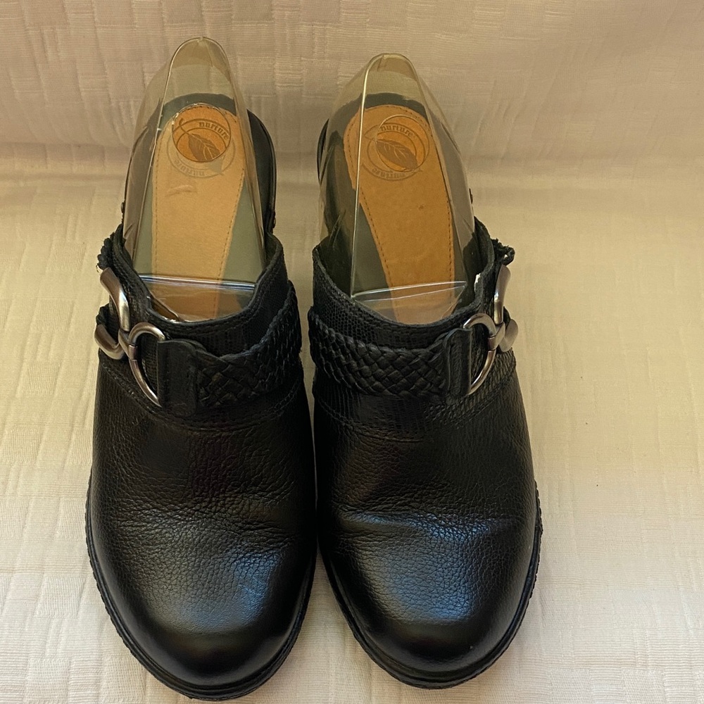 NURTURE  by Lamaze Black Leather Slip-On Mules with Braided Strap and Buckle